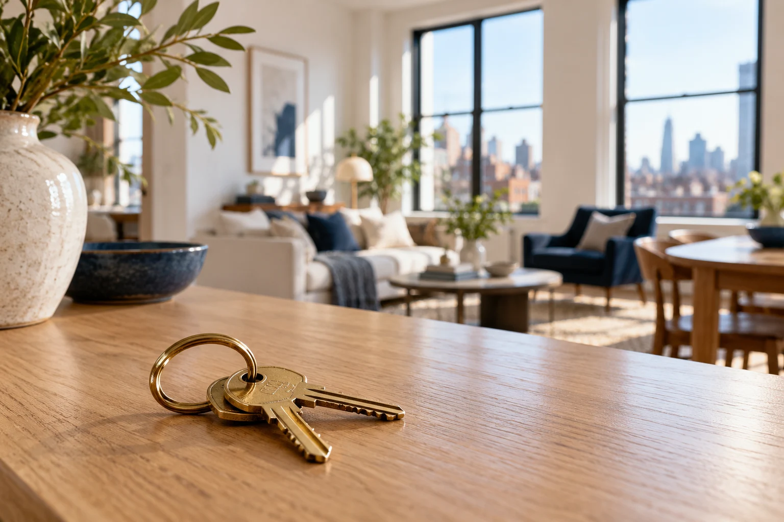 Apartment keys on a wooden counter
