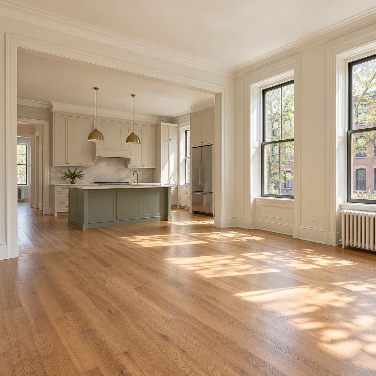 A bright apartment with wood floors and a modern kitchen